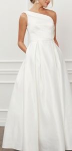 New One shoulder satin long white gown